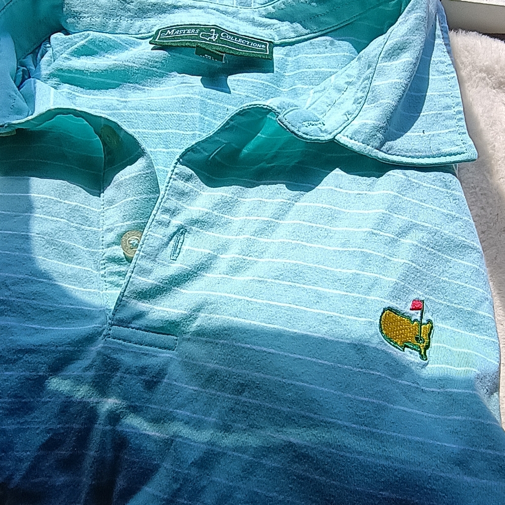 Masters Collection, Sz XL Striped Blue Polo Shirt W Masters Logo, Golf Shirt